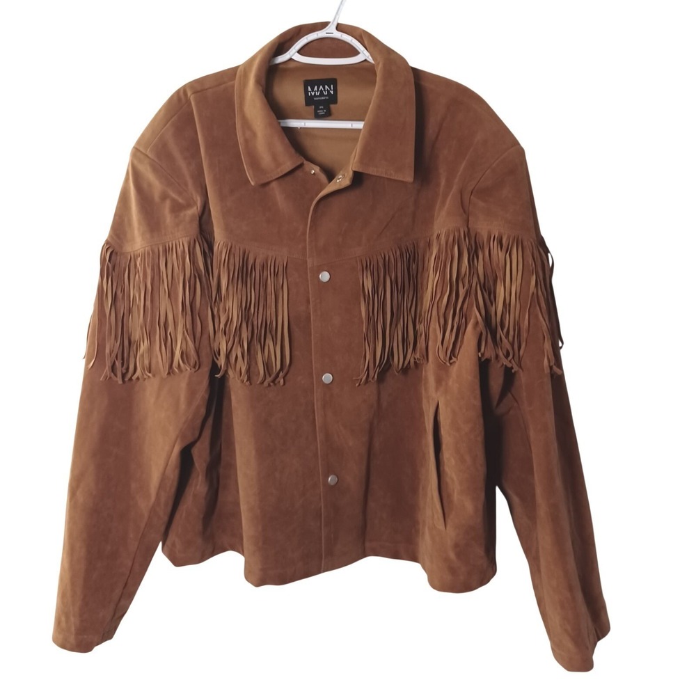 boohooMAN Brown Faux Suede Jacket Mens 2XL Western Cowboy Fringe Padded Boxy